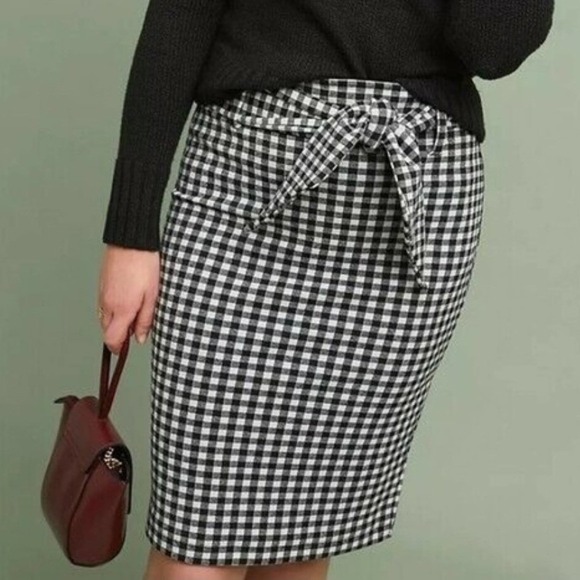 Anthropologie Dresses & Skirts - Maeve Anthropologie Gingham Pencil Skirt Black White Tie Waist Knit Medium
